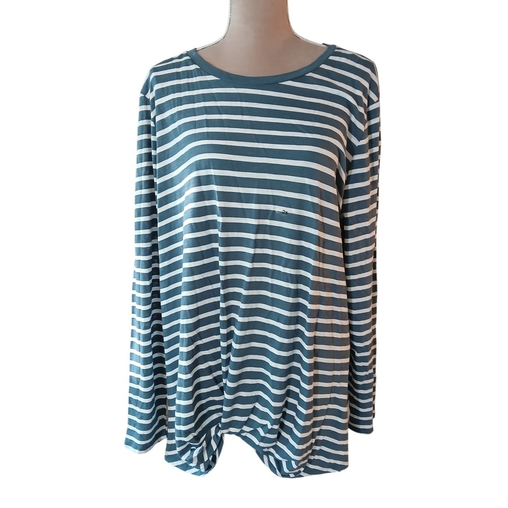 24/7 Maurices Womens 2X Blue White Striped Twist Knot Long Sleeve Top Shirt New